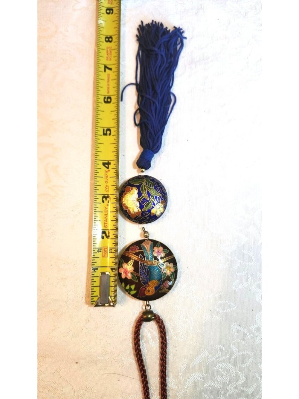 Vintage Cloisonné Double Pendant Necklace With Parrot & Floral Motif  Royal Blue - Picture 3 of 9